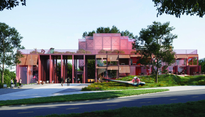 Vítězný návrh společnosti KOMA MODULAR nového objektu, který má pozvednut lokalitu a rozšířit služby pro obyvatele Jižních Svahů ve Zlíně. (Studio CHYBIK + KRISTOF Architects)