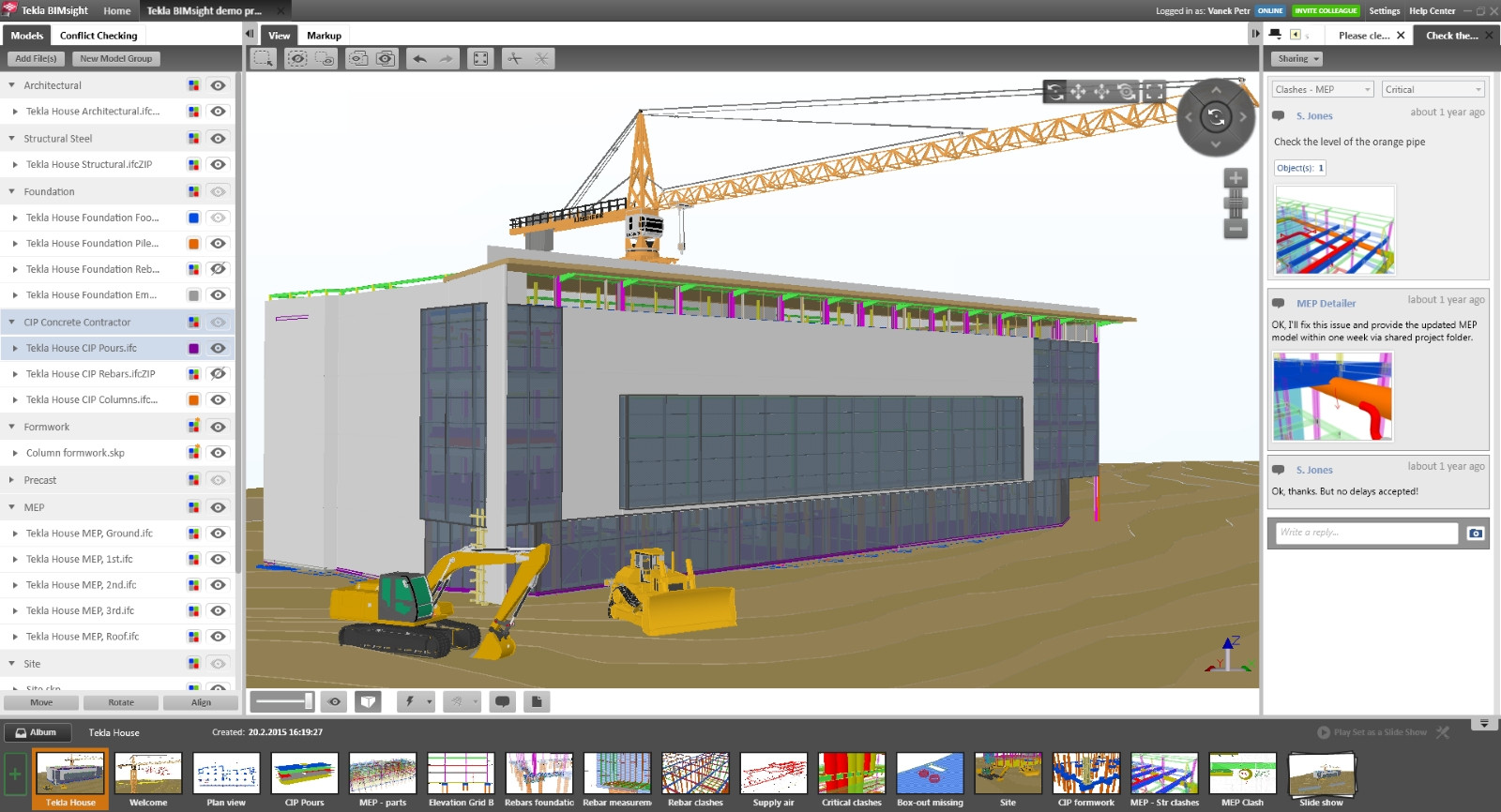Pracovní prostředí nástroje Tekla BIMsight. Základem je především virtuální prostředí realizované stavby. Vlevo se nachází struktura modelů, ze kterých se stavba skládá, vpravo pak záložka pro řešení úkolů. Ve spodní liště naleznete zachycené náhledy konkrétních míst v&nbsp;modelu. Po kliknutí na ně vás nástroj přiblíží do konkrétní pozice včetně zapnutí/vypnutí v&nbsp;tu chvíli (ne)nepotřebných dílčích IFC modelů.