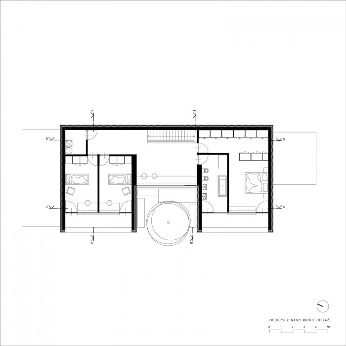 Rodinný dům Kostelec, půdorys 2NP, Chládek architekti