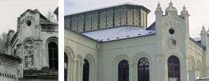Jízdárna Světce, jižní strana. Chybí fiály, poničené iluzivní okno i celá fasáda (rok 2000); fiály původně vyrobené z plechu, nyní jako výdusek (2025)