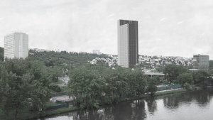 Návrh studentského bydlení v Holešovicích, vizualizace, Markéta Kanyzová.