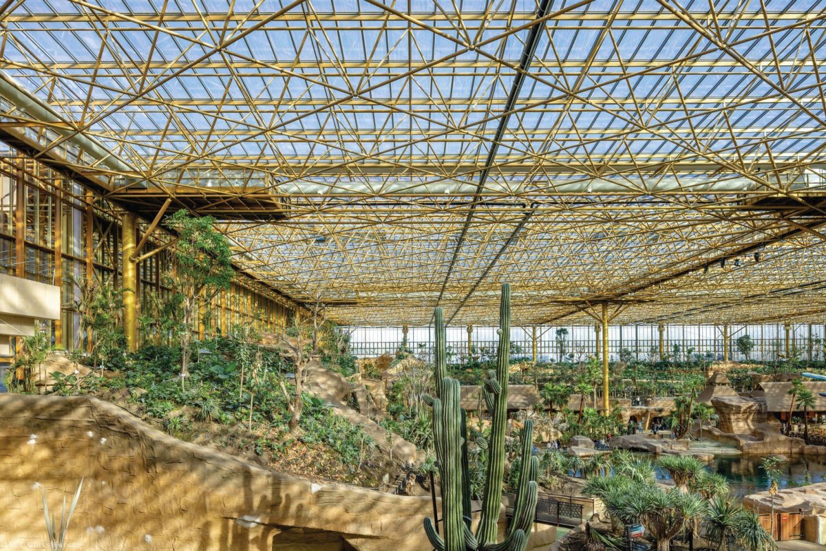 Pod střechou se nachází tropická amazonská krajina s vodními plochami, vegetací i zvířaty. (Tropický skleník Edenya, Pascal De Beck)