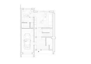 Půdorys 1. nadzemní podlaží - návrh (Řadový dům v Čimicích, Plus One Architects)