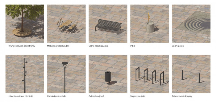 Revitalizace Masarykova náměstí v Jihlavě, mobiliář, MCA atelier, s.r.o.