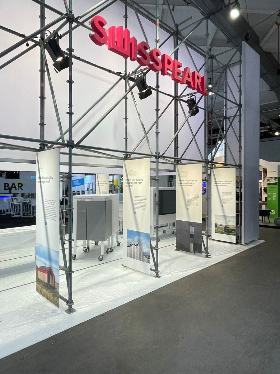 Opakované využití stánku na stavebním veletrhu Futurebuild Belgium 2025.
