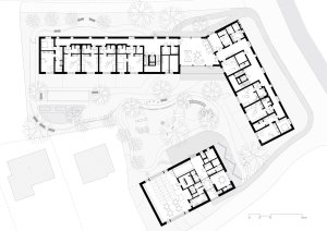Půdorys 1. NP (Domov pro seniory s mateřskou školou v Horních Jirčanech, ti architekti)