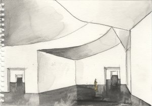 Budova Nancy a Riche Kinderových - Muzeum umění v Houstonu, akvarel, Steven Holl