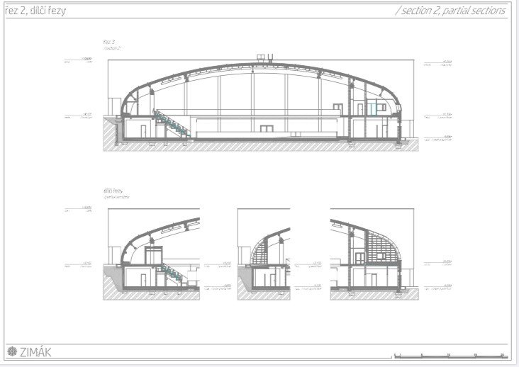 Zimní stadion v Teplicích, MISE a SIAL Architekti a inženýři, řezy 2
