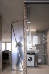 Papundekl architekti - Tři boxy z Packwallu v otevřeném prostoru: Dveře nechali architekti zhotovit z laminátu