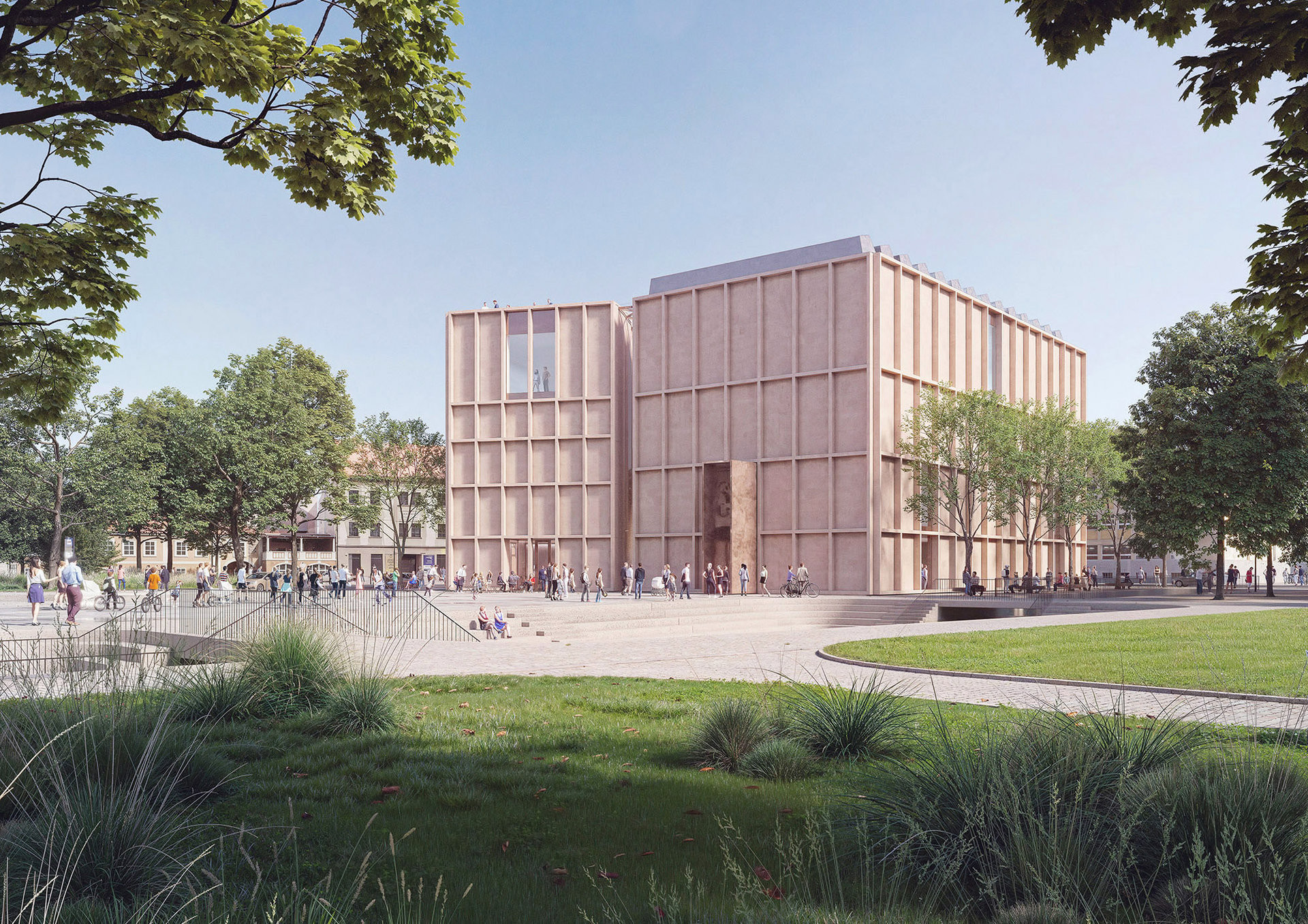 Vizualizace exteriéru – pohled z parku (Nová budova AJG v Českých Budějovicích; Chalupa architekti a partneři)