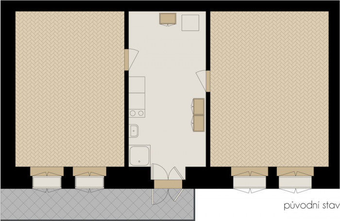Rekonstrukce činžovního bytu s pavlačí, půdorys původní stav, No Architects