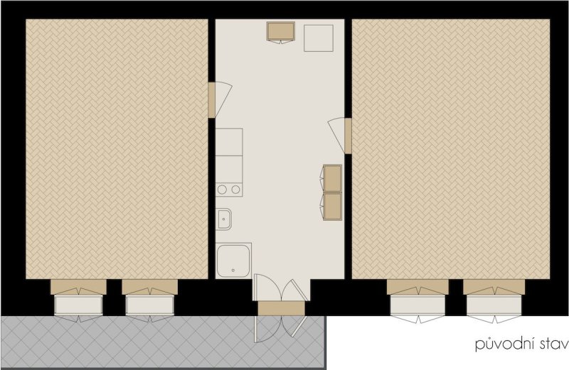 Rekonstrukce činžovního bytu s pavlačí, půdorys původní stav, No Architects