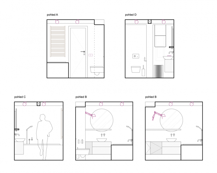 Formafatal, A&G byt Vinohrady, bílá koupelna, pohledy – foto