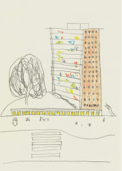 Magisterský ateliér Mikaela Bergquista na KTH pracuje s tématem "Jak bychom měli žít – společně?" (na obrázku: projekt bydlení, skica, studentská práce)