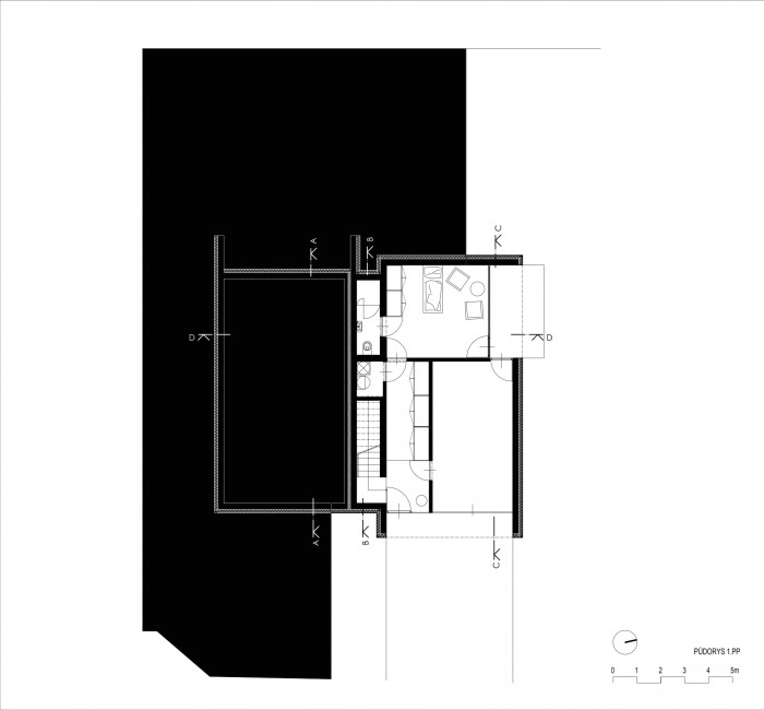 Rodinný dům Zlín, Boněcko, půdorys 1 PP, Chládek architekti