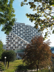 Jiná podoba stavební práce společnosti Hinton: současný nájemní komplex Luka. Budova má 15 pater a nabízí 215 apartmánů k dlouhodobému pronájmu plus wellnes, restauraci a kanceláře. Navrhli ji CAMA Architekti s.r.o.