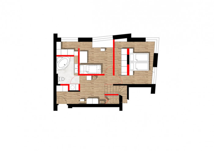 Interiér mezonetového bytu, půdorys 1. patra, studio AEIOU