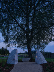 Pod vzrostlou břízou vzniklo nové pietní místo, kde se rodiny loučí s nenarozenýma miminkama. (Poslední místo, mjölk architekti)