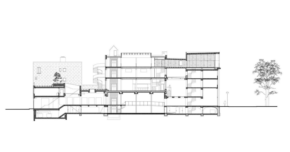 Prostory pro design a módní návrhářství MAD Brussels, ROTOR a V+, řez