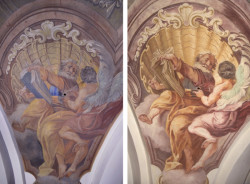 "Marouš" před a po restaurování (Fresky v kostele Narození Panny Marie v Domažlicích restaurovali Jiří Suchan a David Hrabálek)