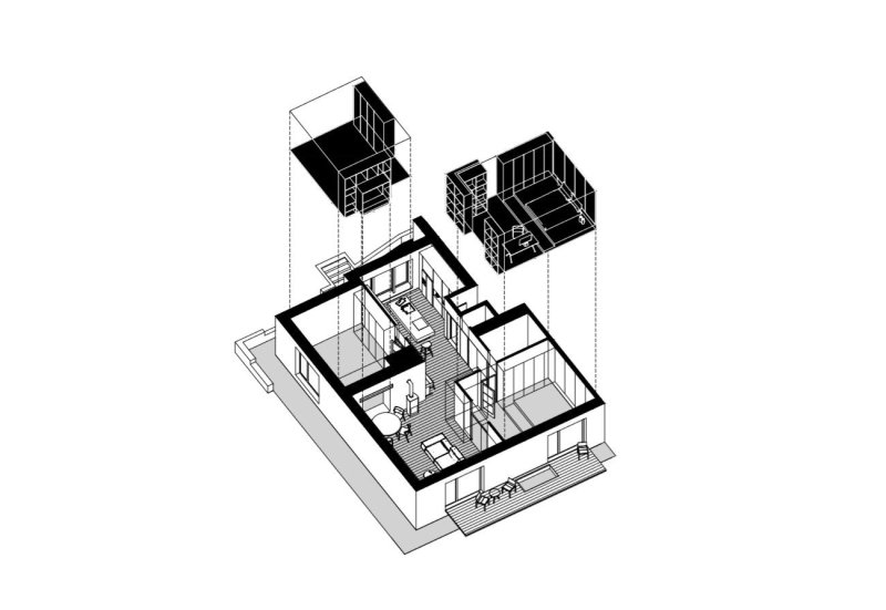 Rekonstrukce přízemního bytu, schéma,  What architects
