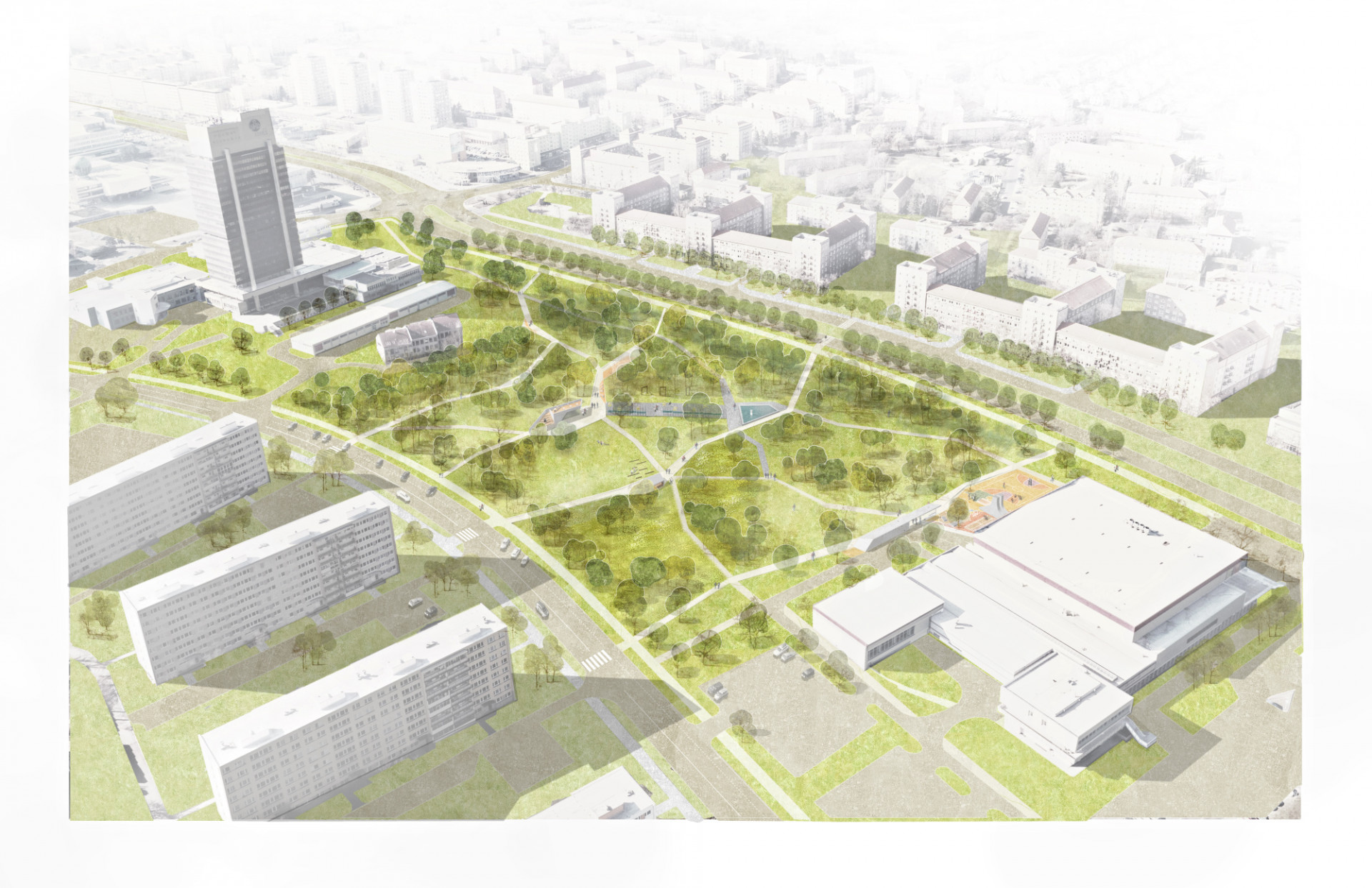 Obnova parku Střed v Mostě, vítězný návrh od architektů Tilla Rehwaldta a Patrika Hoffmana