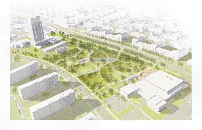 Obnova parku Střed v Mostě, vítězný návrh od architektů Tilla Rehwaldta a Patrika Hoffmana