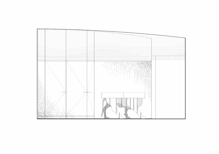 Gran Fierro, Formafatal / Dagmar Štěpánová, Iveta Tesařová, podélný řez - salonek s uhlovou klenbou a pohled na skříňovou perforovanou stěnu