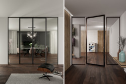 Variabilita příček Digero je klíčová – dveře v příčce mohou být klasické otevíravé, posuvné nebo třeba pivotové.