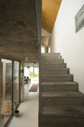 Strop i schodiště jsou betonové. (Úzký patrový dům v Žilině, architektonické studio treea - architekt Peter Kasman.)