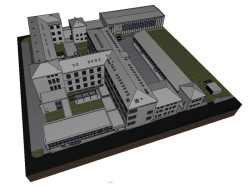 Nadhledová perspektiva areálu školy, pohled od západu (3D/BIM model v Archicadu) 