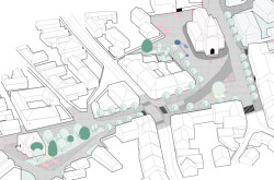 Axonometrie - Náměstí J. A. Alise v Příbrami – Březových Horách, krajinné řešení Alice Boušková - soutěž 2022 - 2. místo