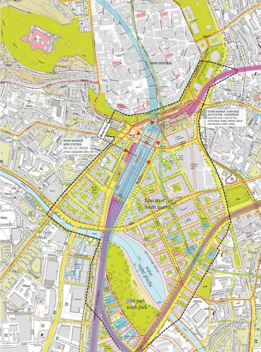 Budoucnost centra Brna, 3. místo: Atelier M1 architekti (CZ), celková situace návrhu v měřítku 1:2500 // finalista – foto