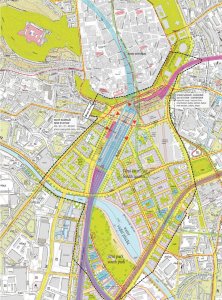Budoucnost centra Brna, 3. místo: Atelier M1 architekti (CZ), celková situace návrhu v měřítku 1:2500 // finalista – foto