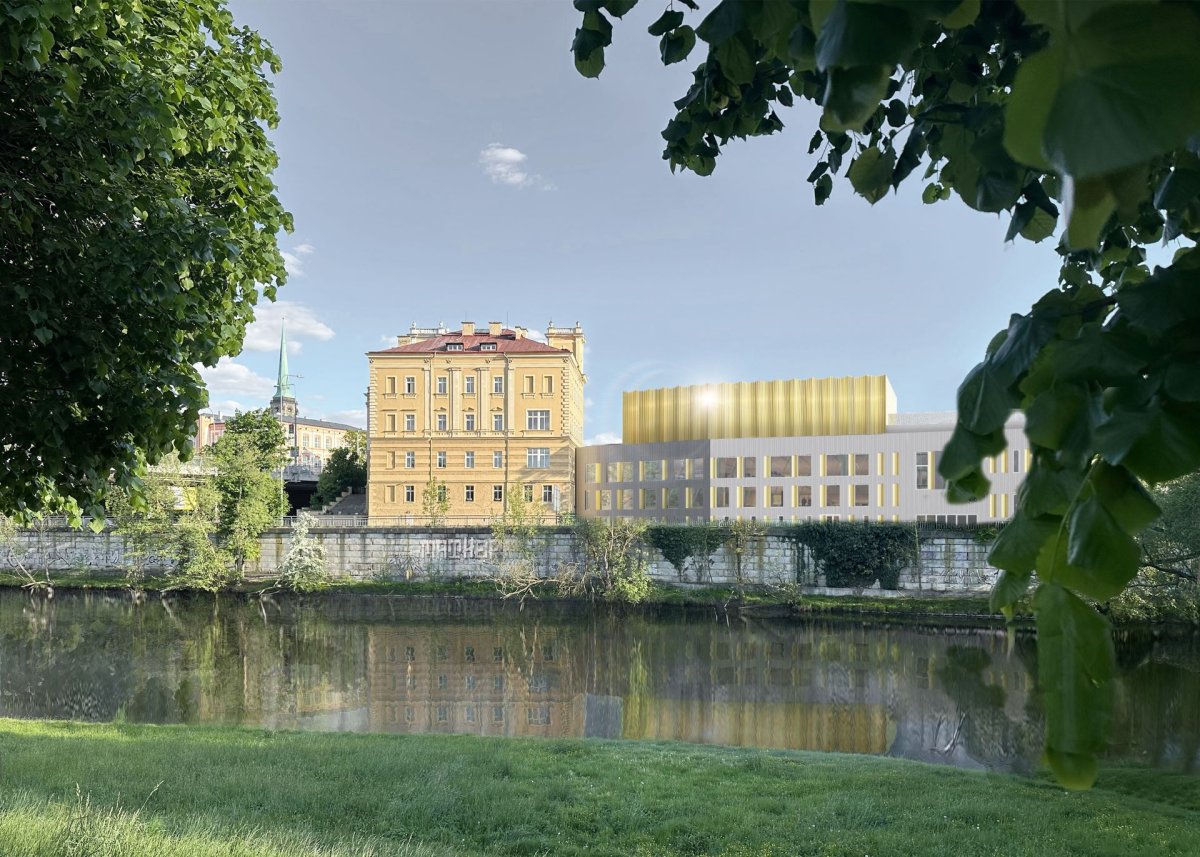 Vizualizace - pohled od řeky (Nová podoba kulturního domu Peklo od týmu architektů Jiřího Zábrana, Jakuba Sýkory a Kateřiny Svobodové)