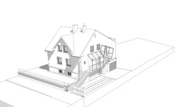 Výsledný 3D/BIM model objektu rodinného domu vymodelovaný na podkladu mračen bodů, ze kterého může být generována dle potřeby 2D projektová dokumentace.