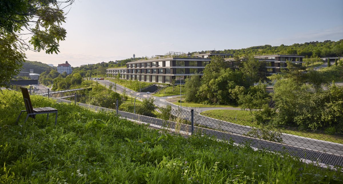 Administrativní budovy zapadají do krajiny.  (Centrála ČSOB v souladu s přírodou; Chalupa architekti a partneři)