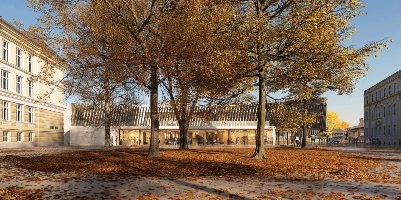 Pohled z parku, prostor před stadionem, vizualizace, Monolot studio