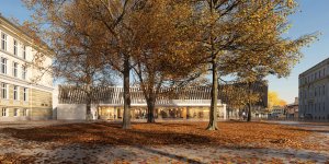 Pohled z parku, prostor před stadionem, vizualizace, Monolot studio