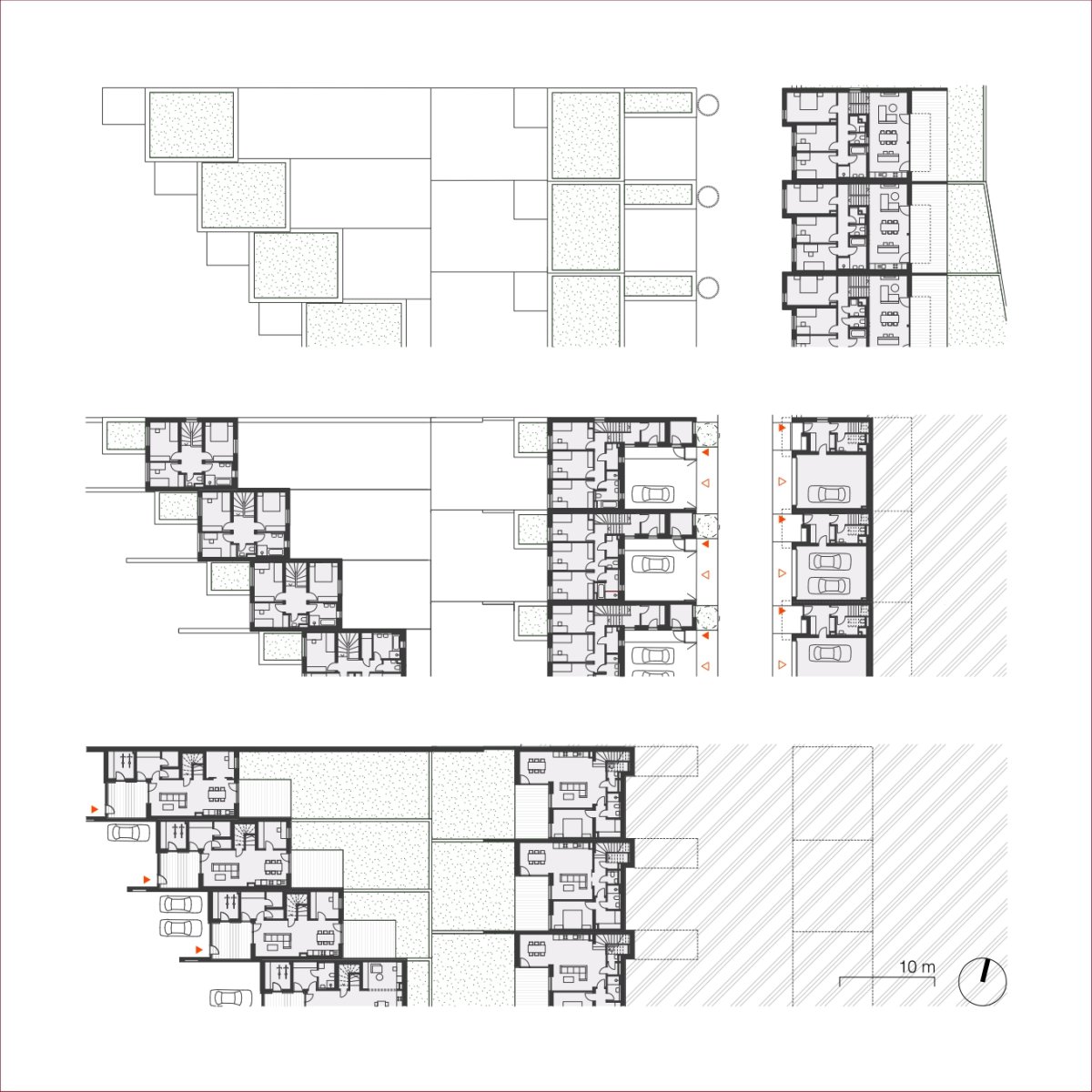 Rodinné domy - půdorys 1. PP, 1. NP a 2. NP (Obytný soubor Dolina v Lysolajích, knesl kynčl architekti)