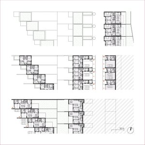 Rodinné domy - půdorys 1. PP, 1. NP a 2. NP (Obytný soubor Dolina v Lysolajích, knesl kynčl architekti)