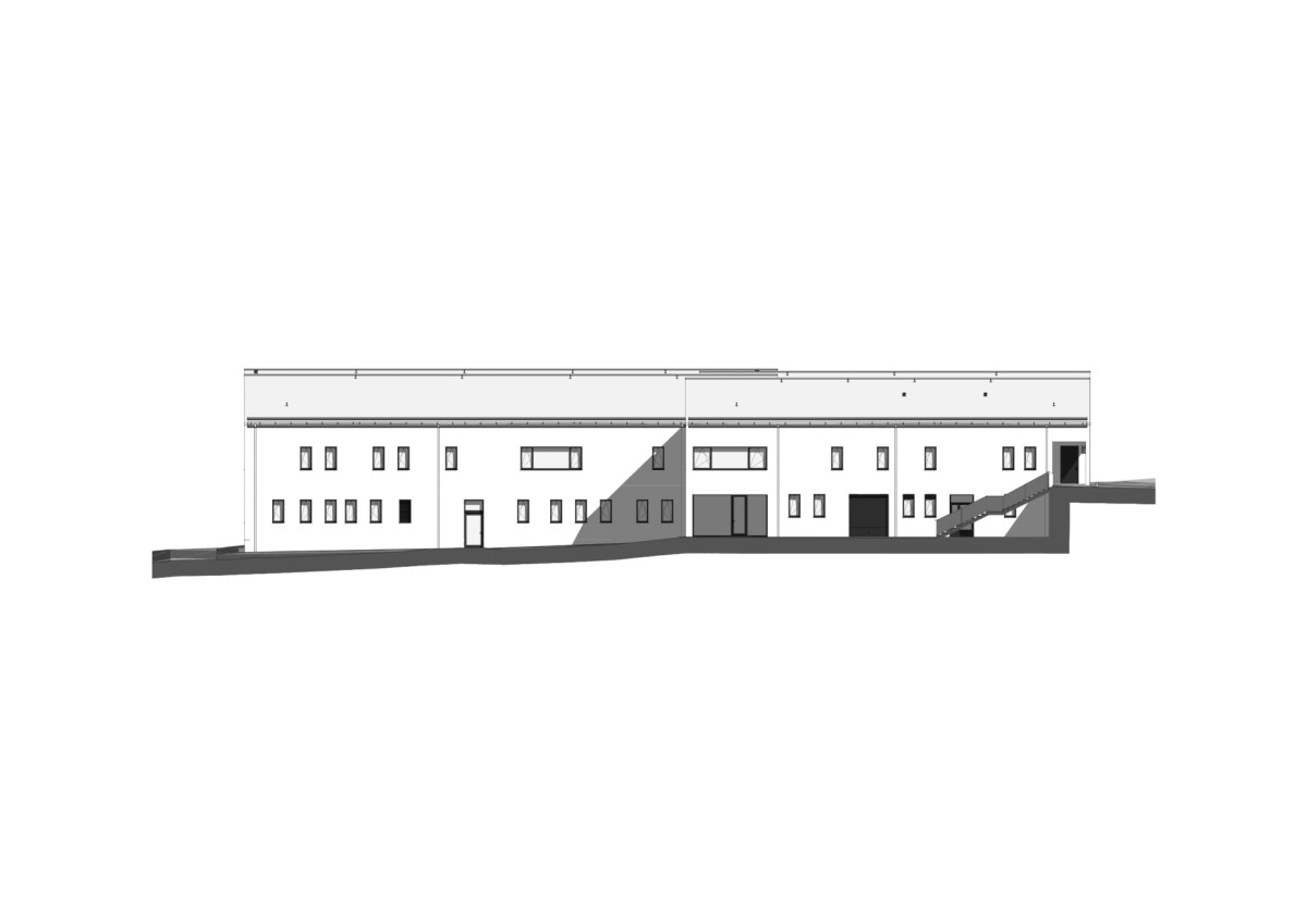 Východní pohled (Dětská léčebna se speleoterapií v Ostrově u Macochy; Adam Rujbr Architects)