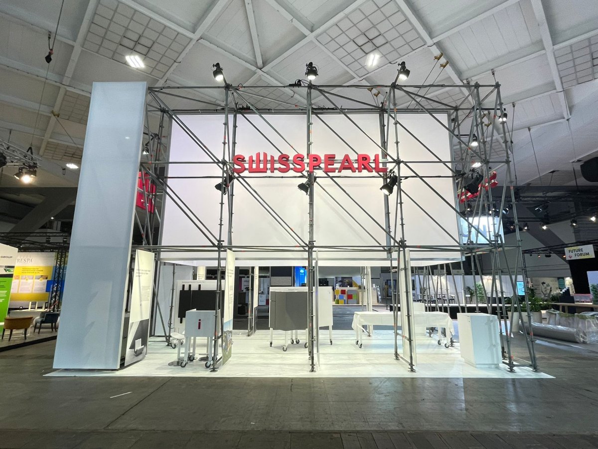 Opakované využití stánku na stavebním veletrhu Futurebuild Belgium 2025.