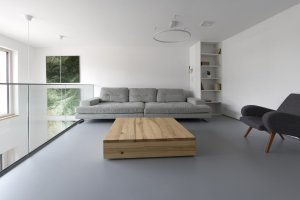 Pohled do obývacího pokoje (Rodinný dům v Senici na Hané, TŘI.ČTRNÁCT architekti)