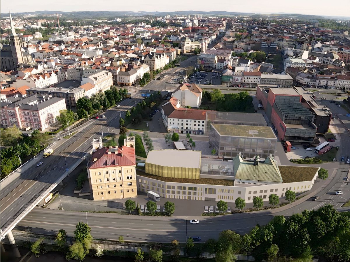 Vizualizace - nadhled od řeky (Nová podoba kulturního domu Peklo od týmu architektů Jiřího Zábrana, Jakuba Sýkory a Kateřiny Svobodové)
