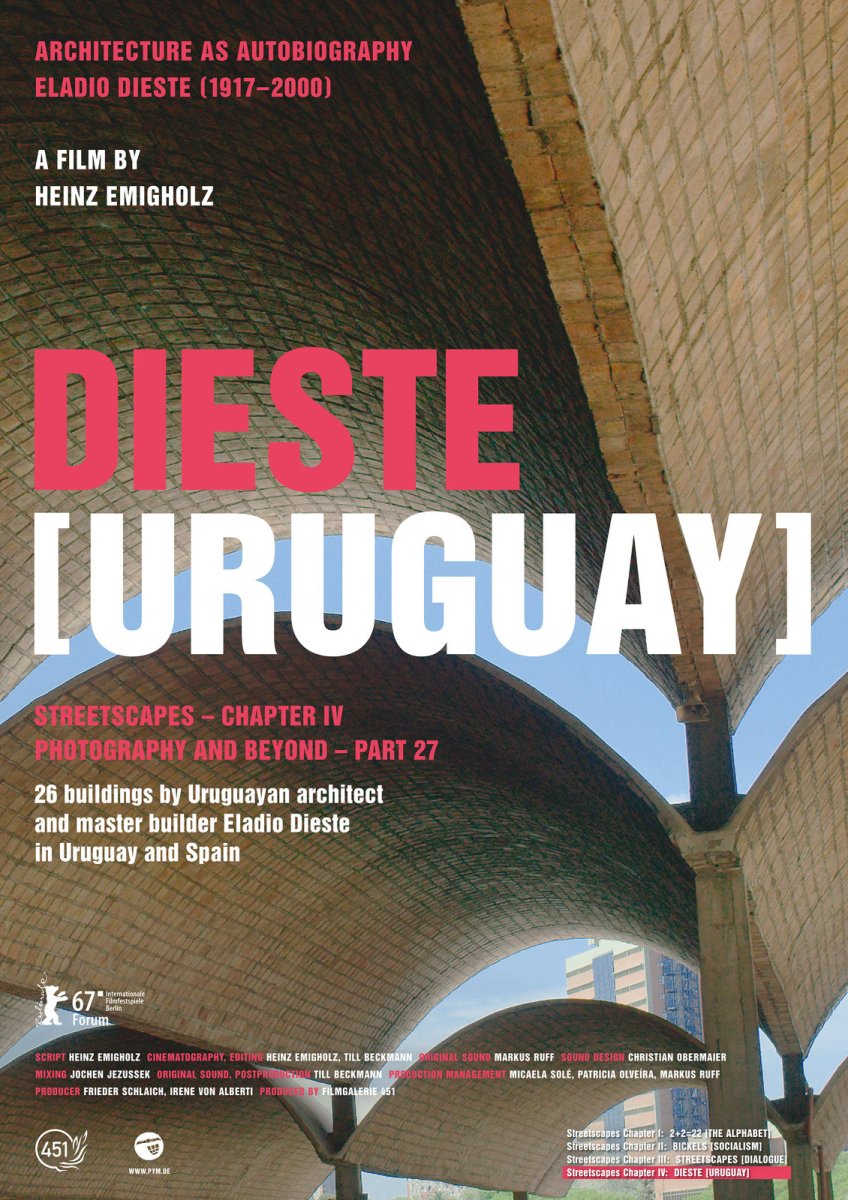 Dieste: Rytmicky sestříhaná filmová prohlídka téměř 30 děl uruguayského inženýra a architekta Eladia Dieste, jehož tvorba je unikátní a specifická netradičním skládáním cihel a využitím skořepinových konstrukcí.