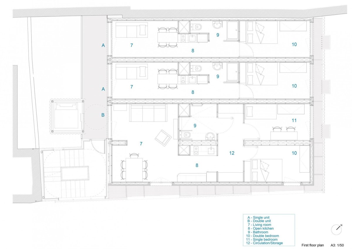 Dočasný bytový dům v Barceloně, Straddle3 + Eulia Arkitektura + Yaiza Terré, výkresy