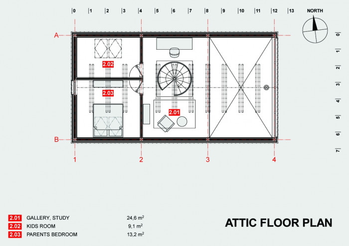 Rodinný dům v CHKO Český kras, půdorys podkroví, Klanc...architekti