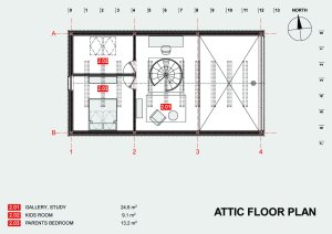 Rodinný dům v CHKO Český kras, půdorys podkroví, Klanc...architekti