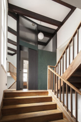 Rekonstrukce bytu v secesní vile, svobodová blaha - Nový prvek dělící stěny s horním světlíkem, která v sobě ukrývá vstupní dveře a úložný prostor